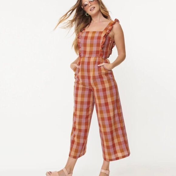 Mod Cloth x Princess Highway Linen Prairie Check Jumpsuit Orange Size Small - Picture 1 of 15